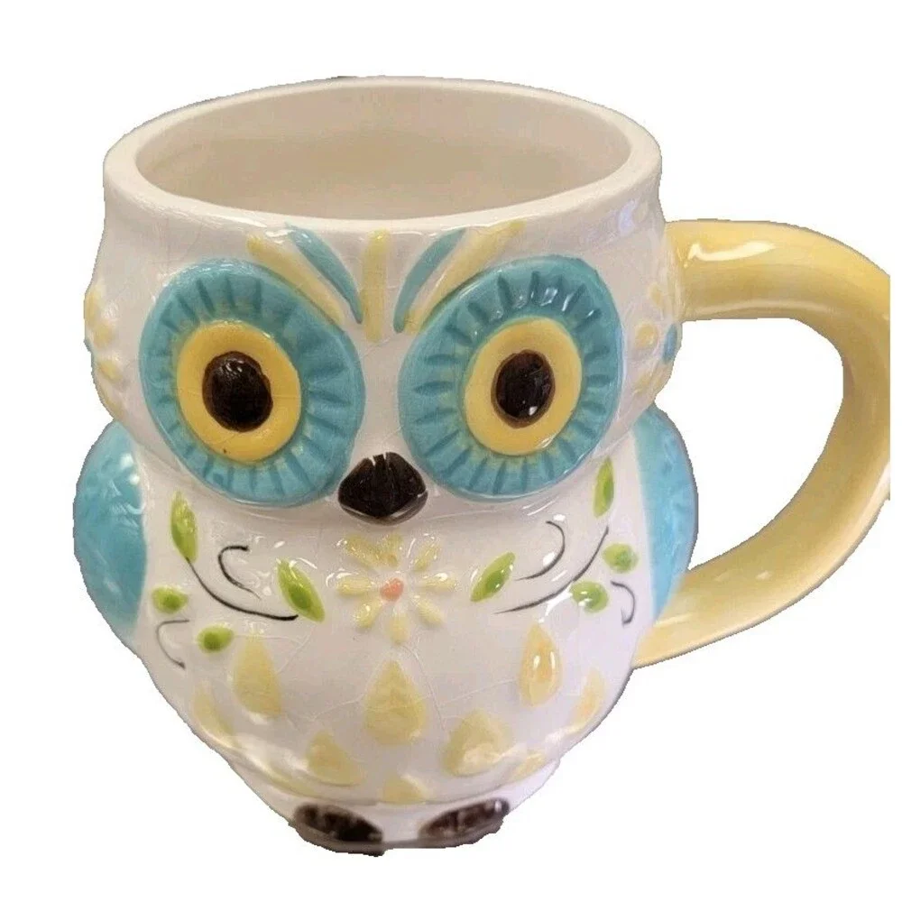 Boston Warehouse Trading Corp. Yellow Blue & White Owl Coffee Cup Mug Set Of 2